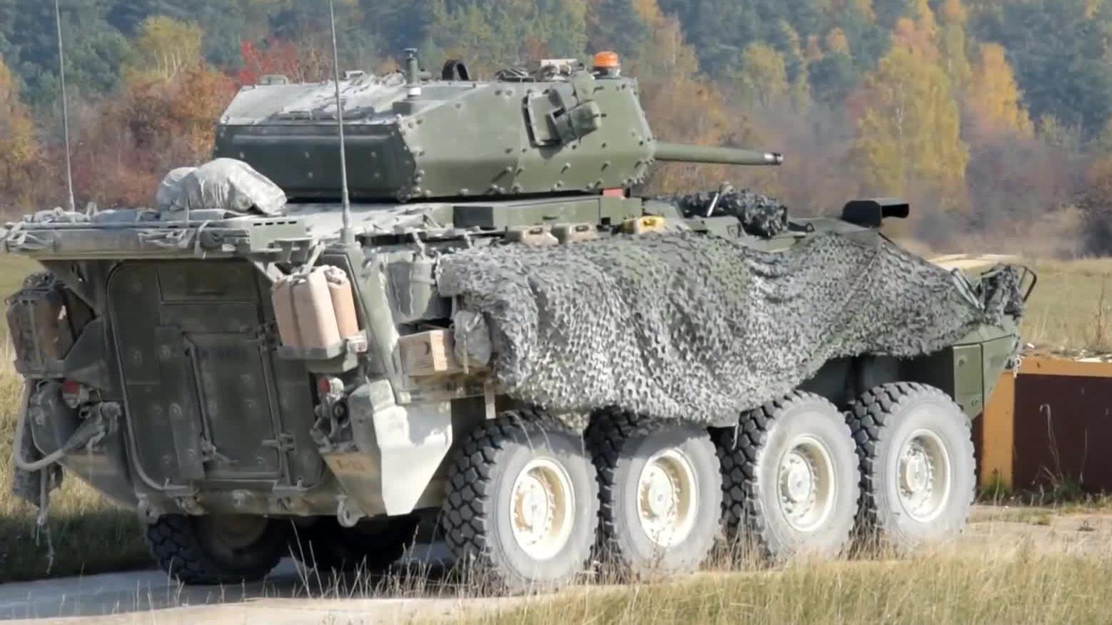 美军m1128轮式突击炮无人炮塔自动装弹用于支援步兵和歼击坦克