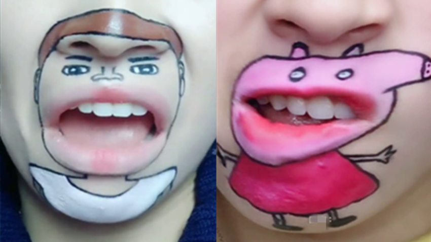 美女在嘴上画画 用嘴唇诠释卡通角色