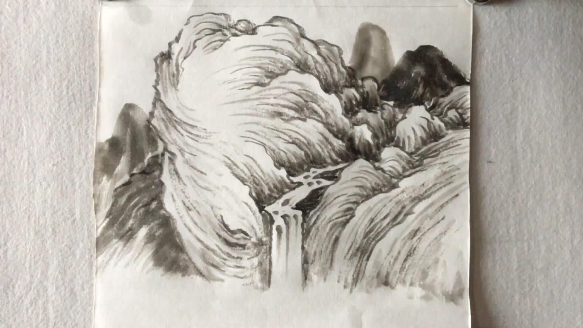 国画山水披麻皴与瀑布口画法步骤示范