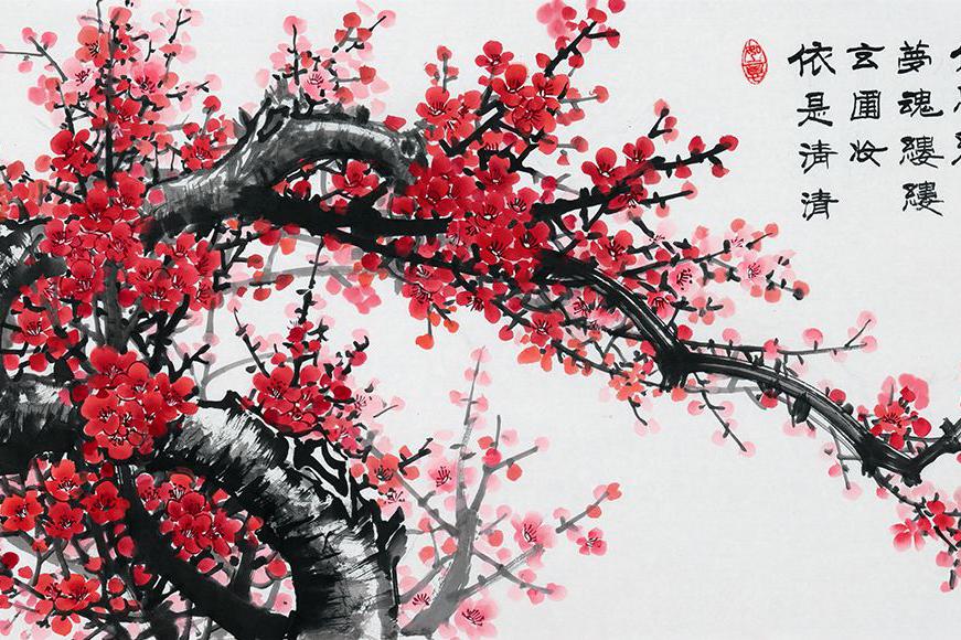 当代著名写意花鸟画家,石开梅花题诗画作品《冬梅》赏析