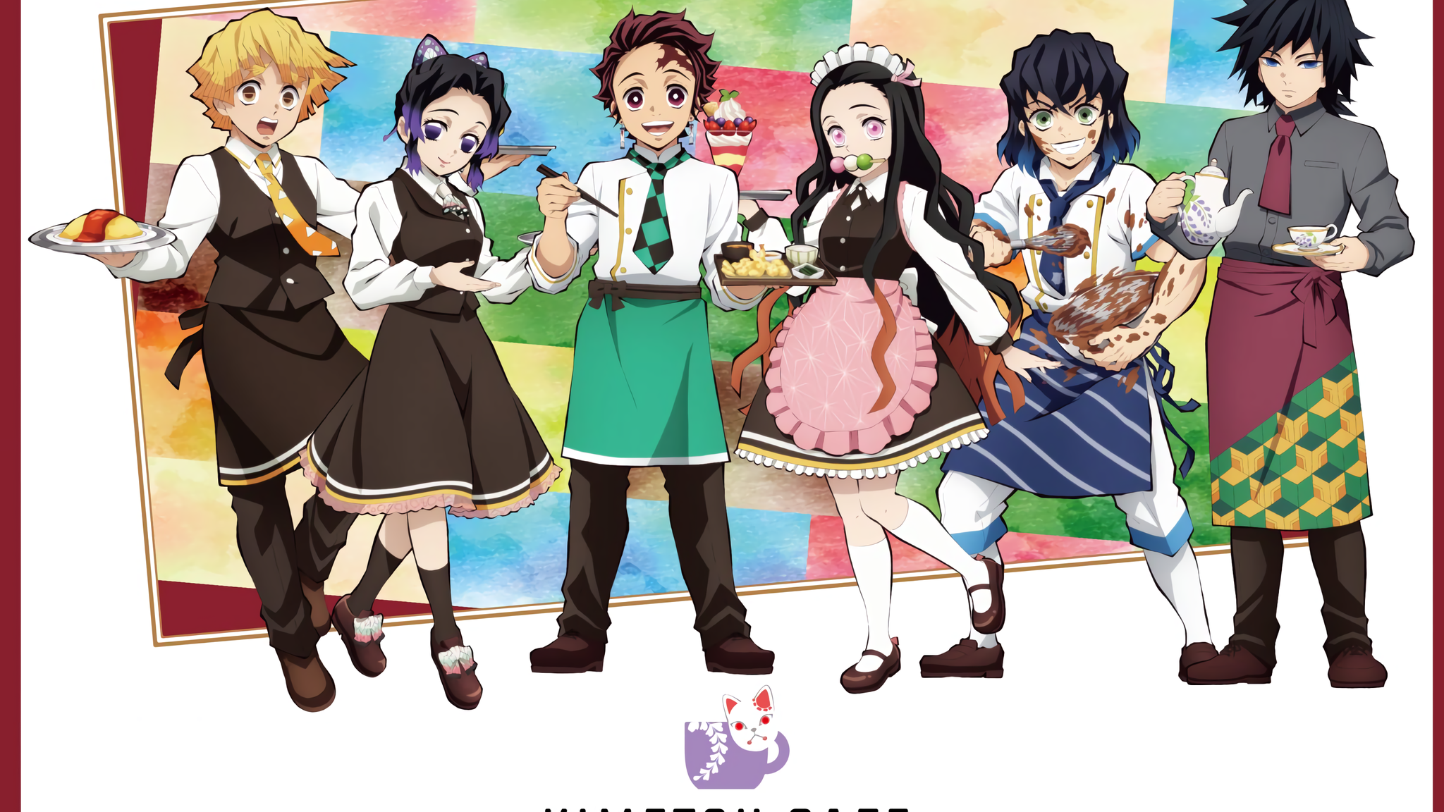 《鬼灭之刃》联动壁纸:全员到咖啡厅打工,祢豆子咬着一串丸子?