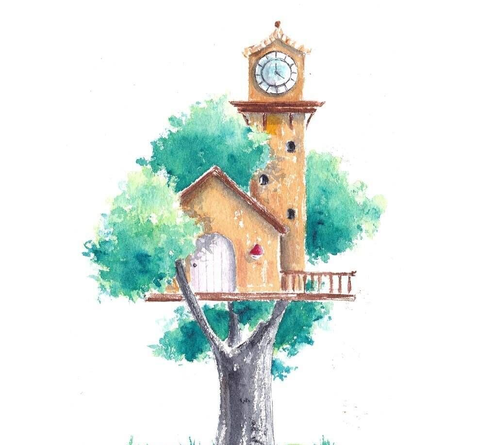 水彩树屋插画,树上的小房子,童年的梦,藏着幻想和宝藏