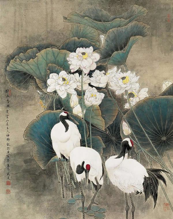 忠贞清正品德高尚窦申清画仙鹤