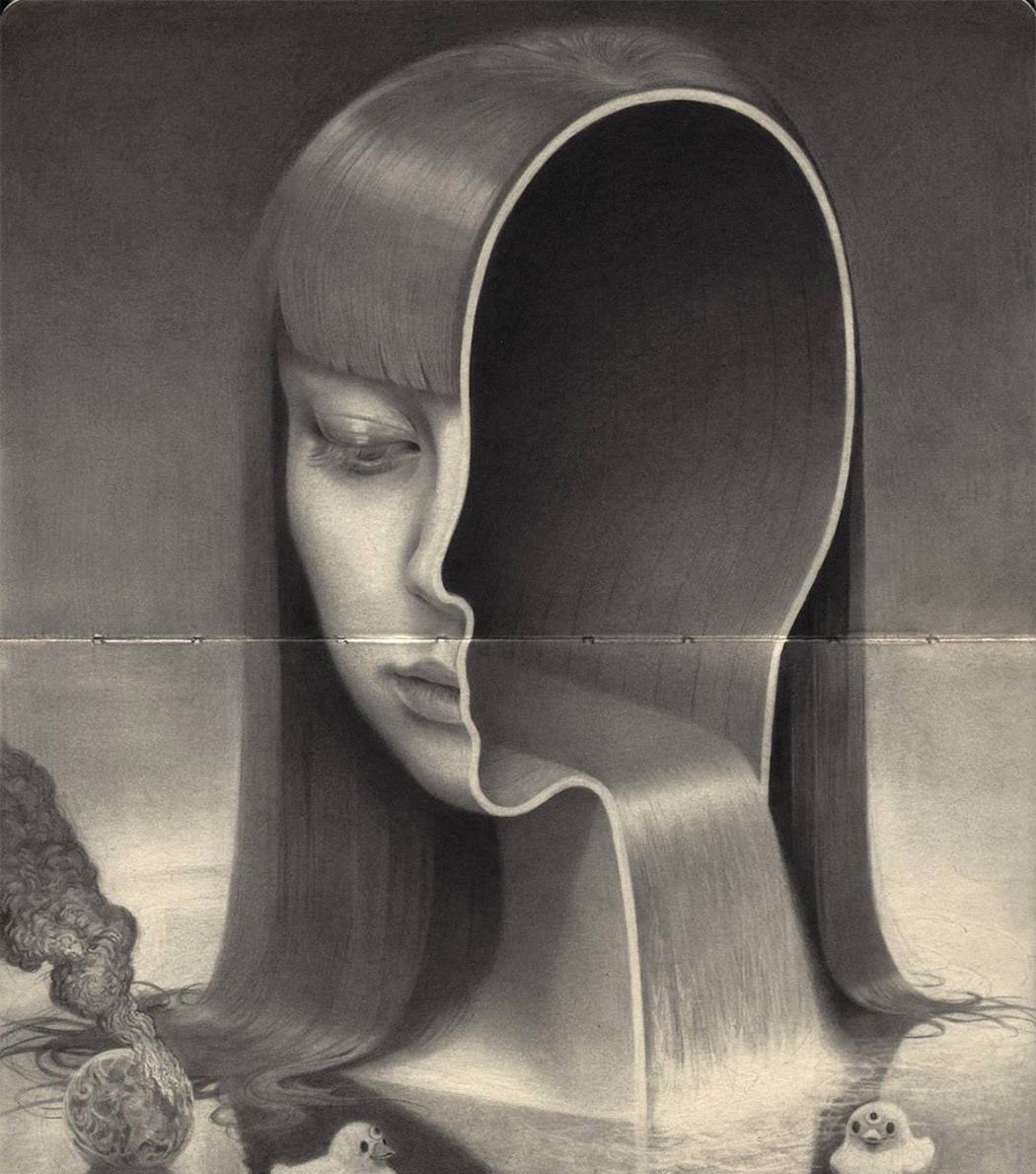 miles johnston 超现实主义女孩素描肖像画