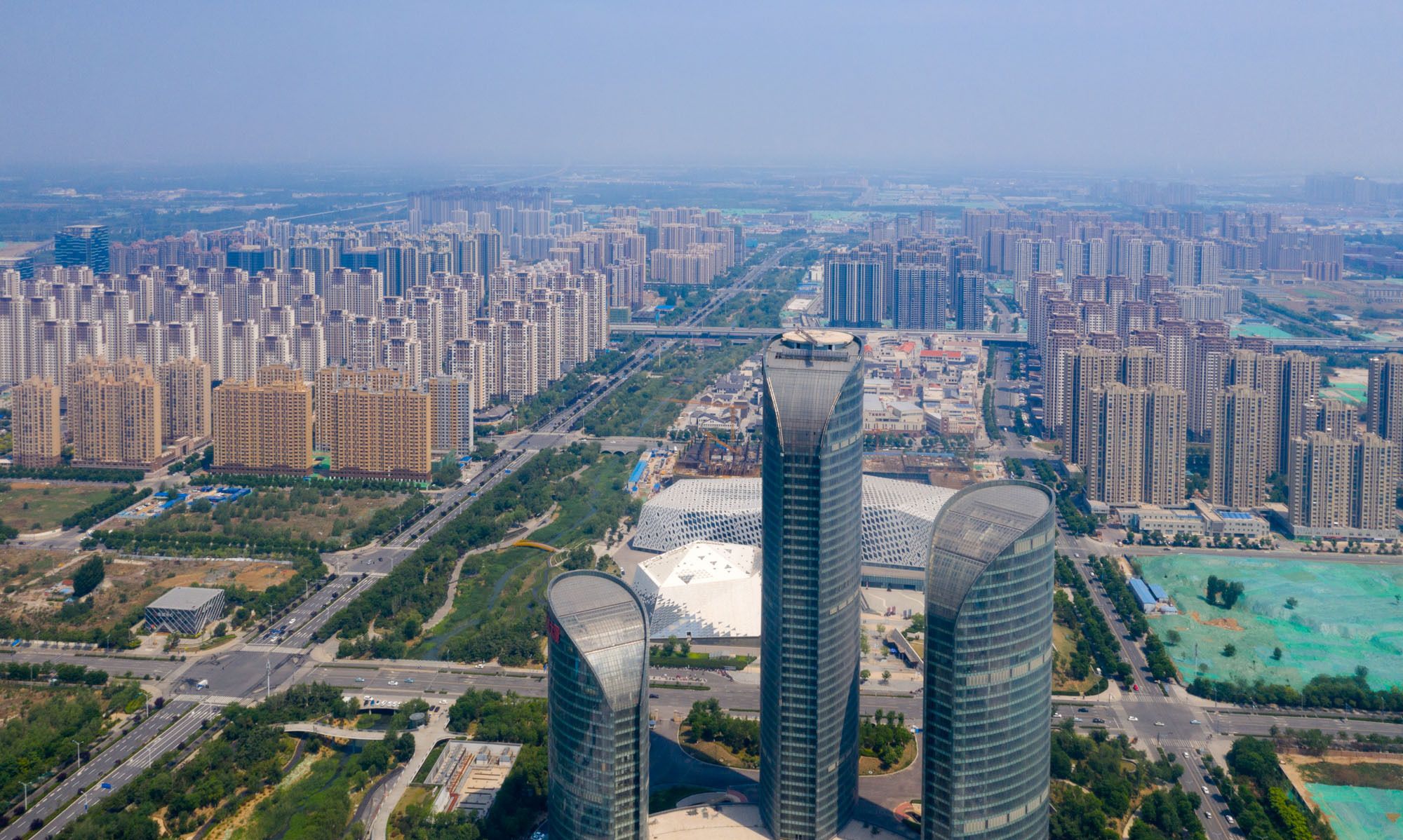 航拍山东省会文化艺术中心,济南西部新城的文化地标