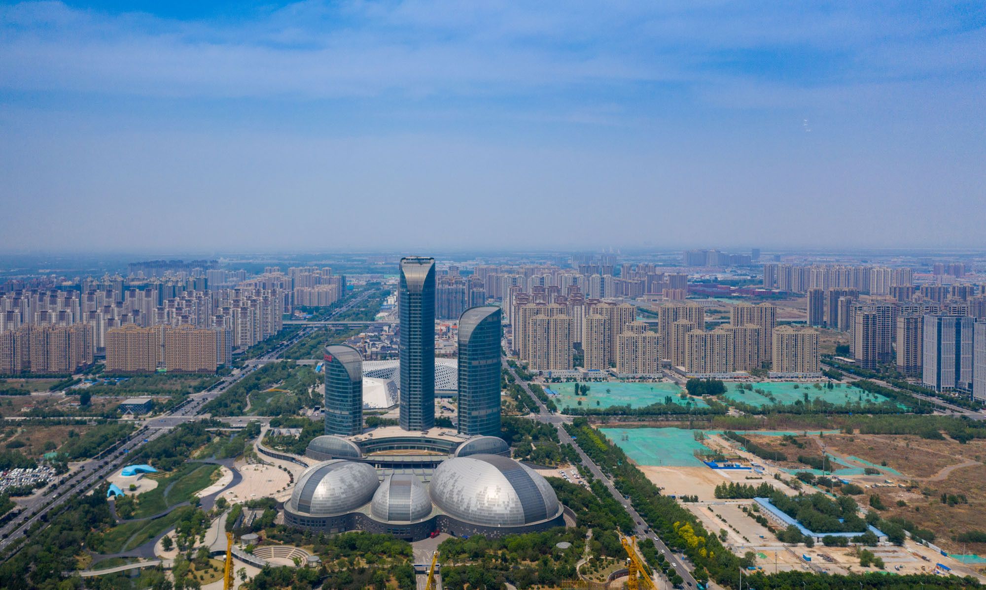 航拍山东省会文化艺术中心,济南西部新城的文化地标