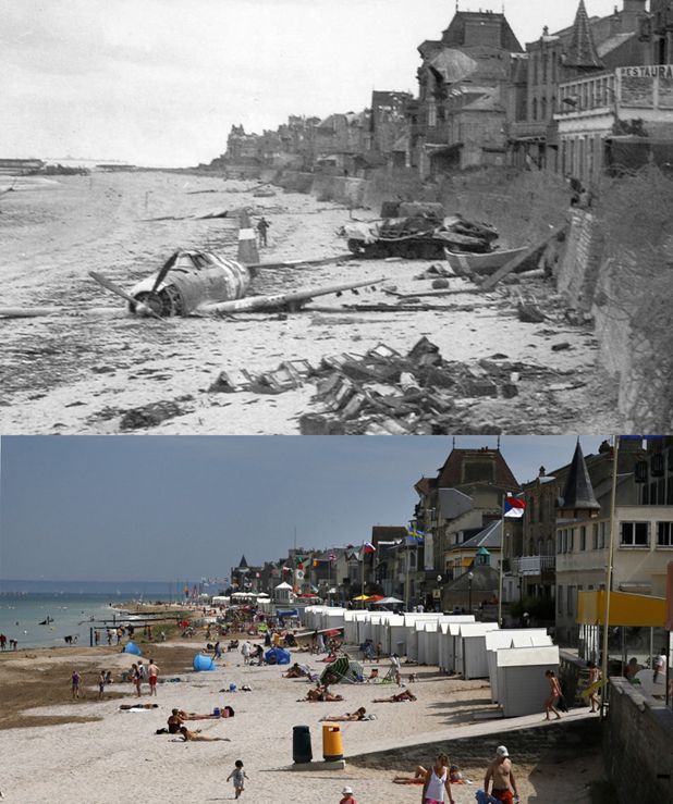 15组诺曼底登陆今昔对比照,战争与和平发人深省|朱诺海滩|诺曼底登陆