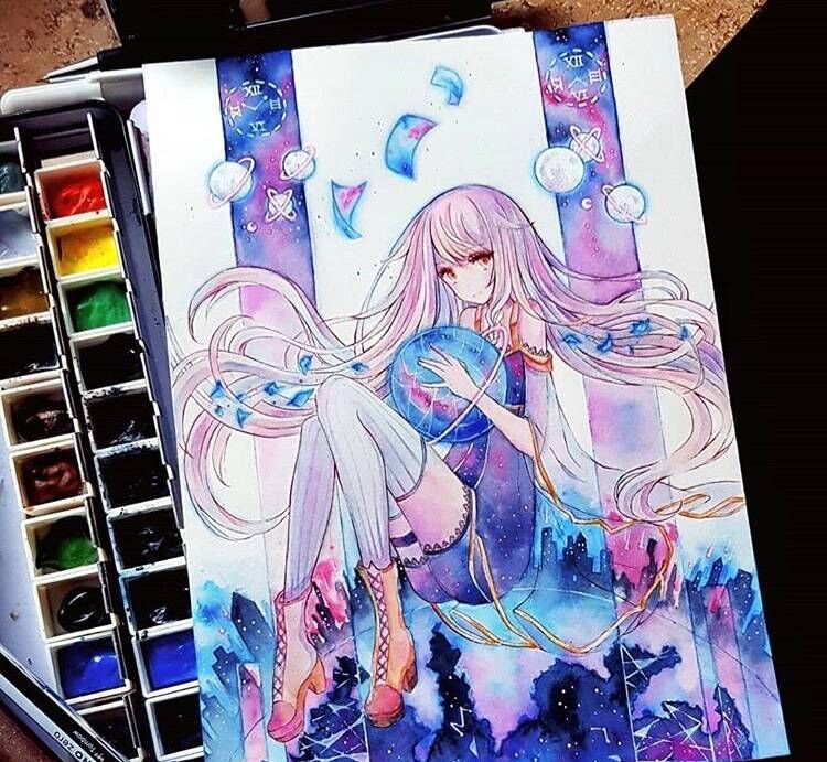 水彩插画一组梦幻唯美的动漫少女水彩插画