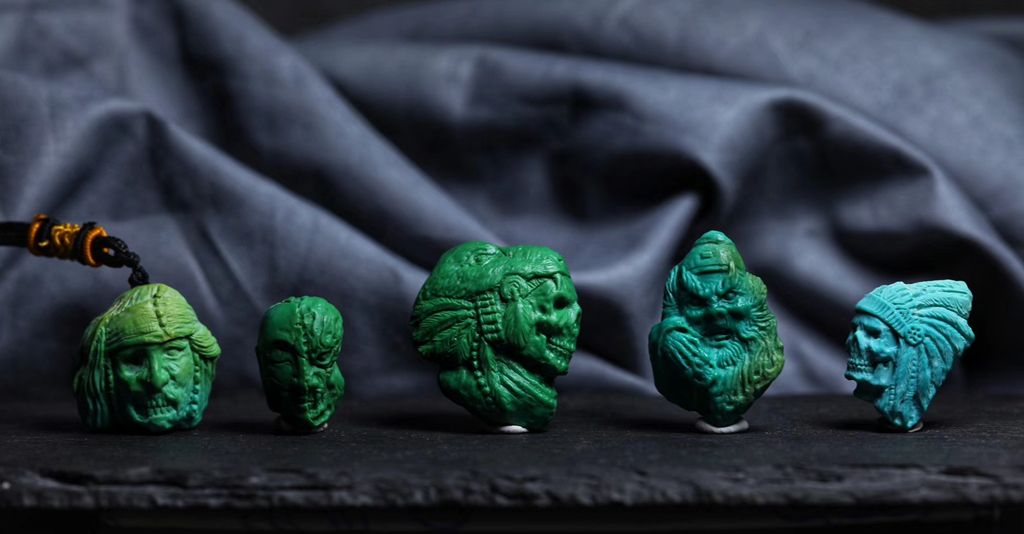 纯手工 手雕 文玩收藏 绿松石蓝松石 橄榄核 猛犸 骷髅恶灵雕刻