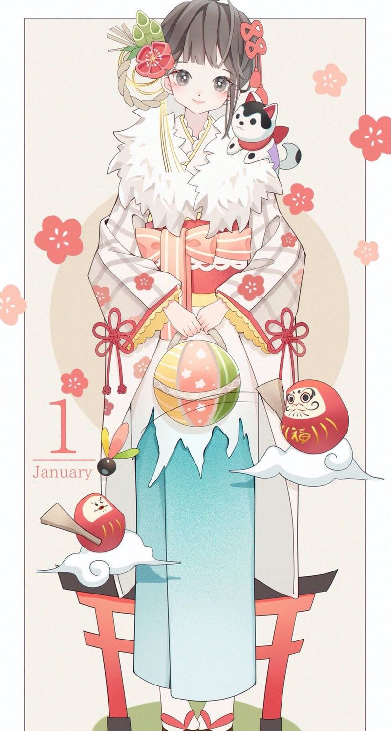 1到12月的拟人卡通画,画风可爱又很精致.一月份的和服女生.