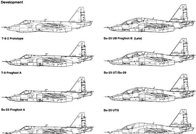几种苏-25攻击机的主要衍生型号侧视图随后,苏联又专门开发了双座教练
