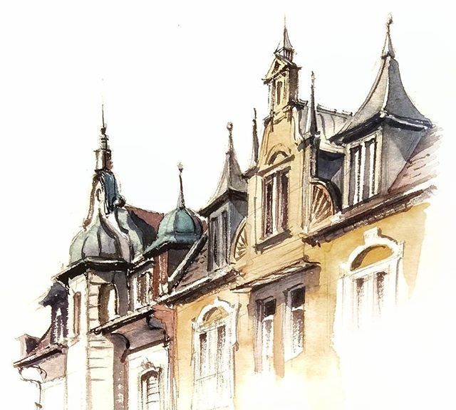 钢笔淡彩建筑风景画,这画风真的好喜欢