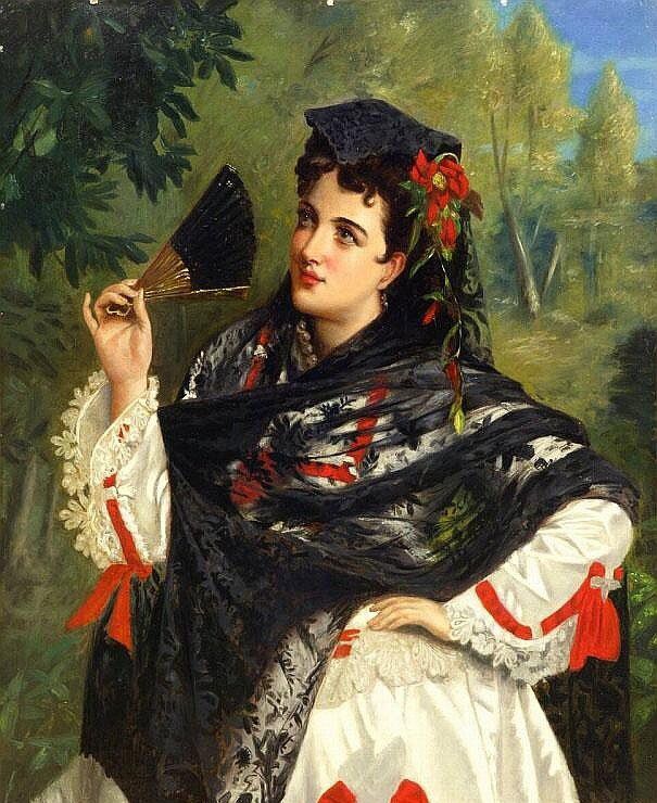 美术欣赏美丽妩媚的西班牙女子头戴蕾丝手执折扇的古典美人形象