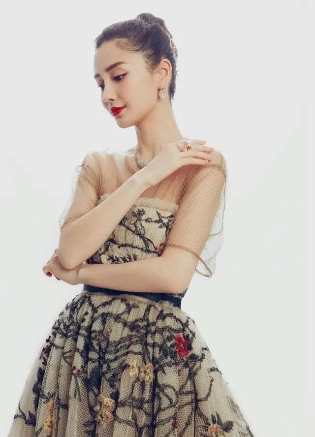 杨颖蔷薇藤蔓刺绣纱裙 美人的光彩更显绮丽幻彩