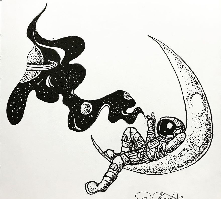 有趣的手绘插画一位浪迹宇宙的宇航员