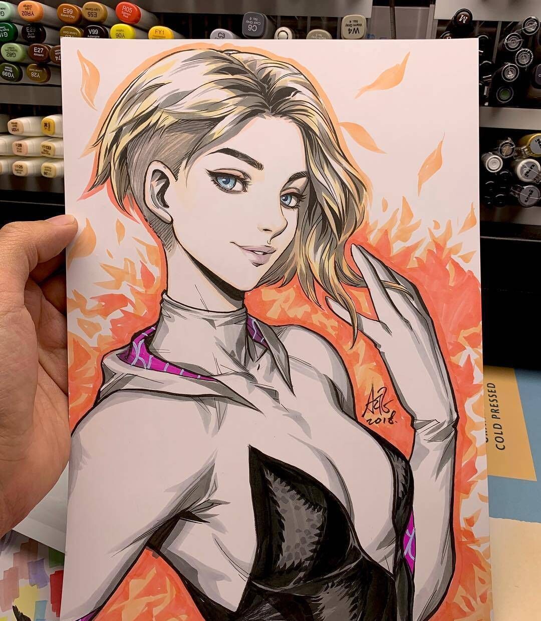 一组马克笔手绘动漫人物插画线条流畅画技了得