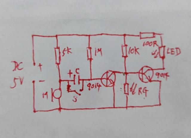 材料:四個電阻(5k,10k,1m,100Ω),一個綠色發光二極管,一個光敏電阻