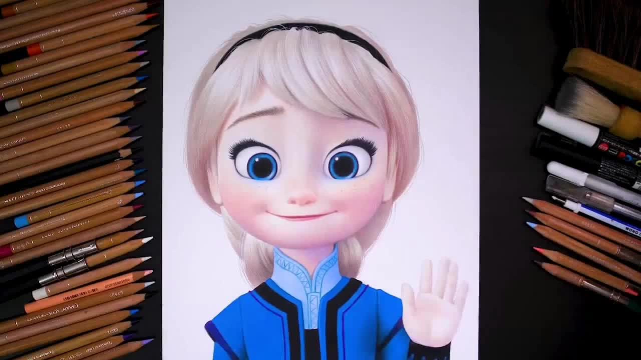 手工彩笔画展示,艾莎小时候的快速画法!