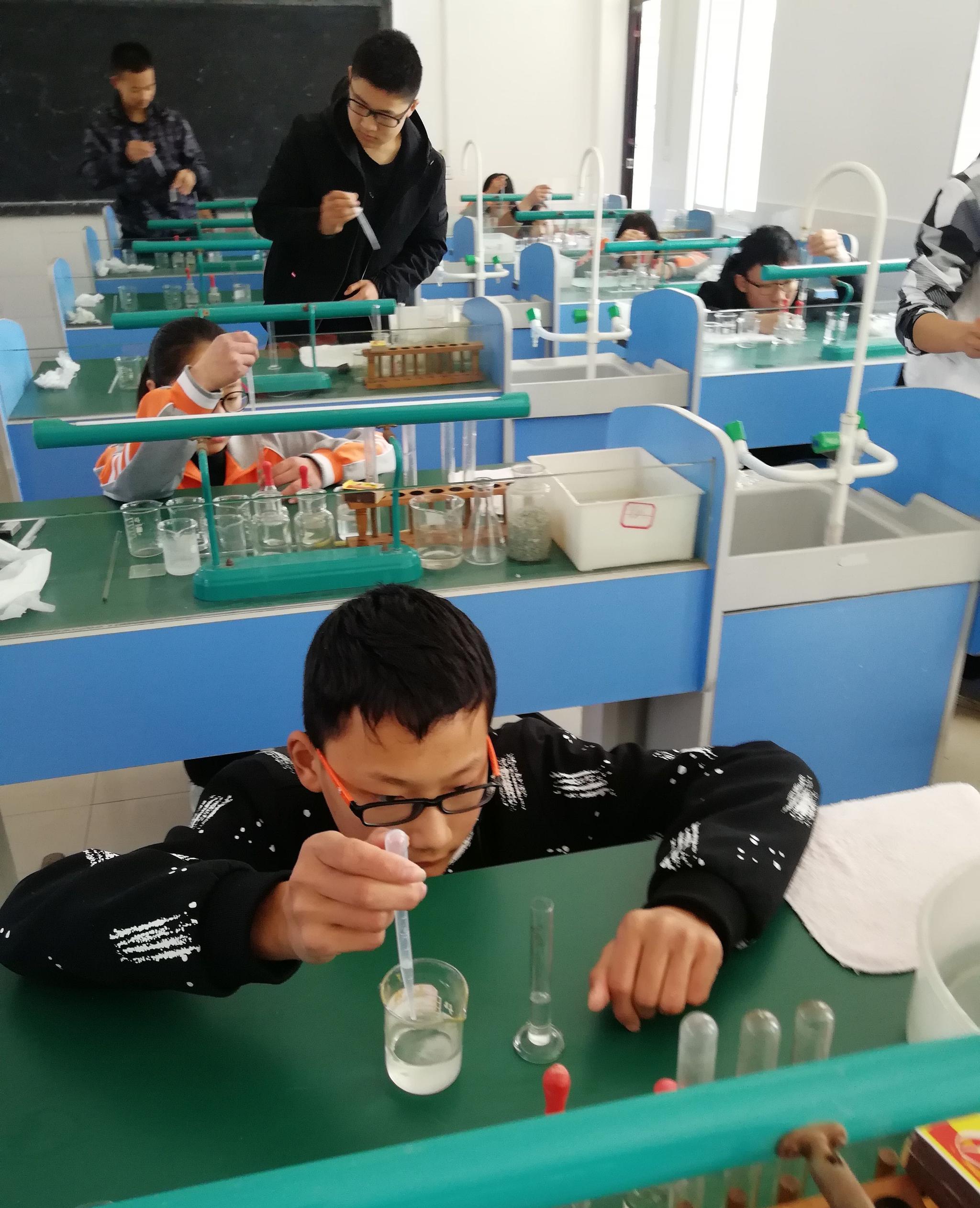 化学实验室里九年级学生认真做实验