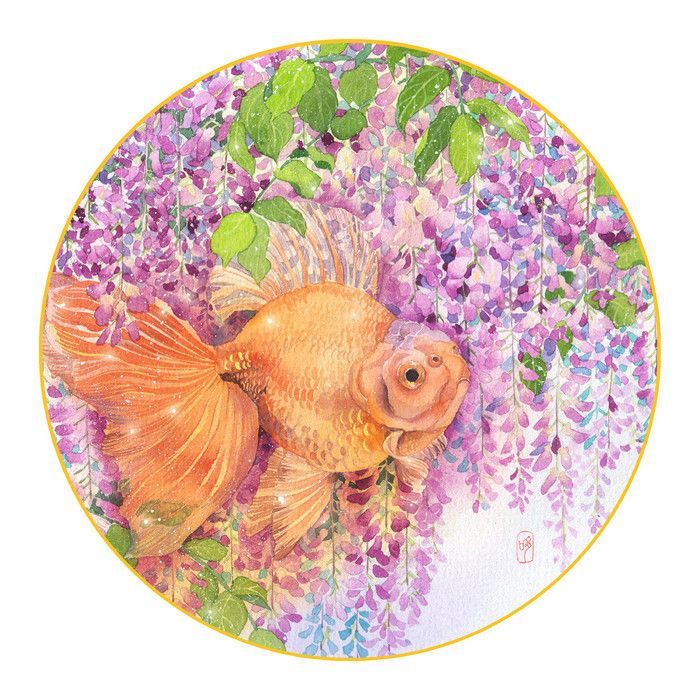 水彩画金鱼和花朵有什么样的火花好漂亮啊