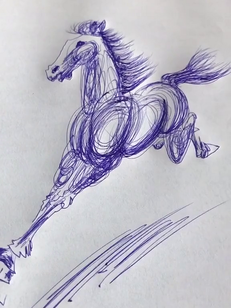 接着在画纸上用圆珠笔"瞎画"几笔,画纸上就出现了这么一匹奔跑的野马