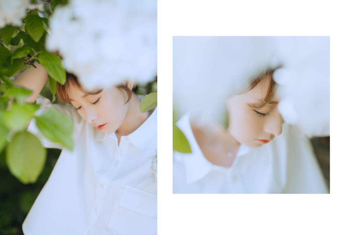 白衬衫唯美短发气质美女,与花的完美配合