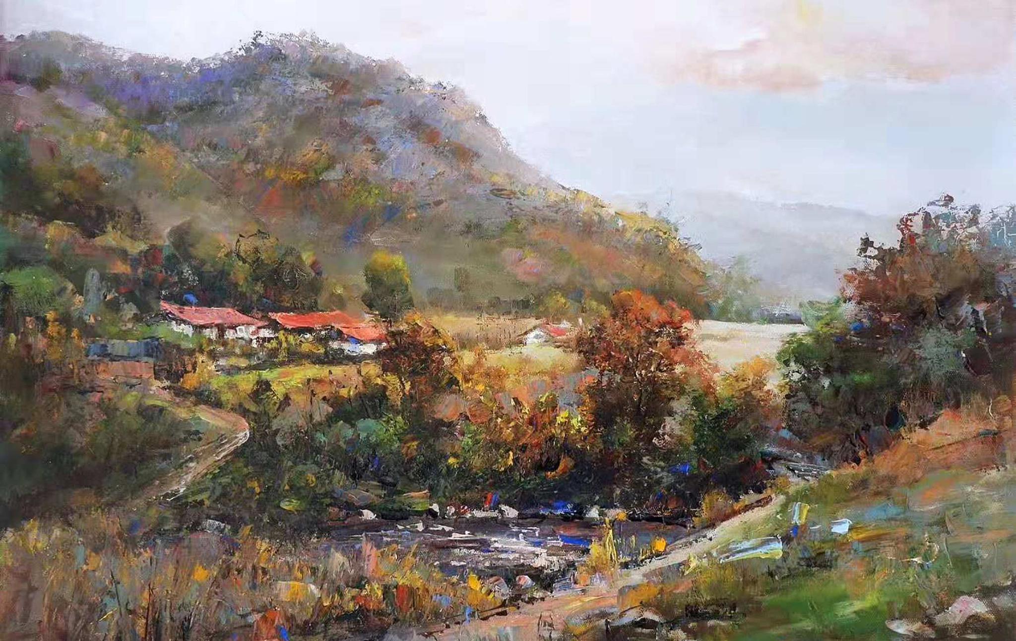 油画风景一组描绘小溪梨花枫叶和民房的乡村风景油画小品