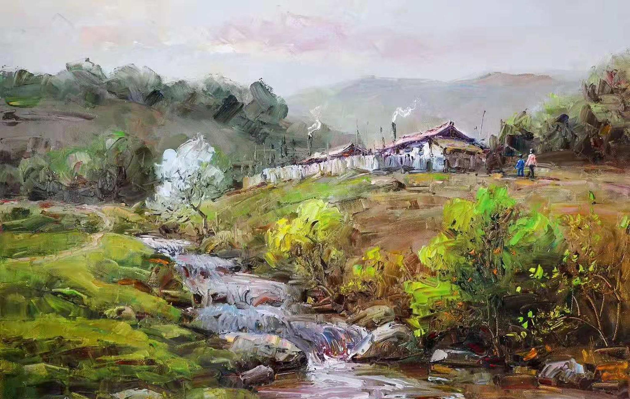 油画风景一组描绘小溪梨花枫叶和民房的乡村风景油画小品