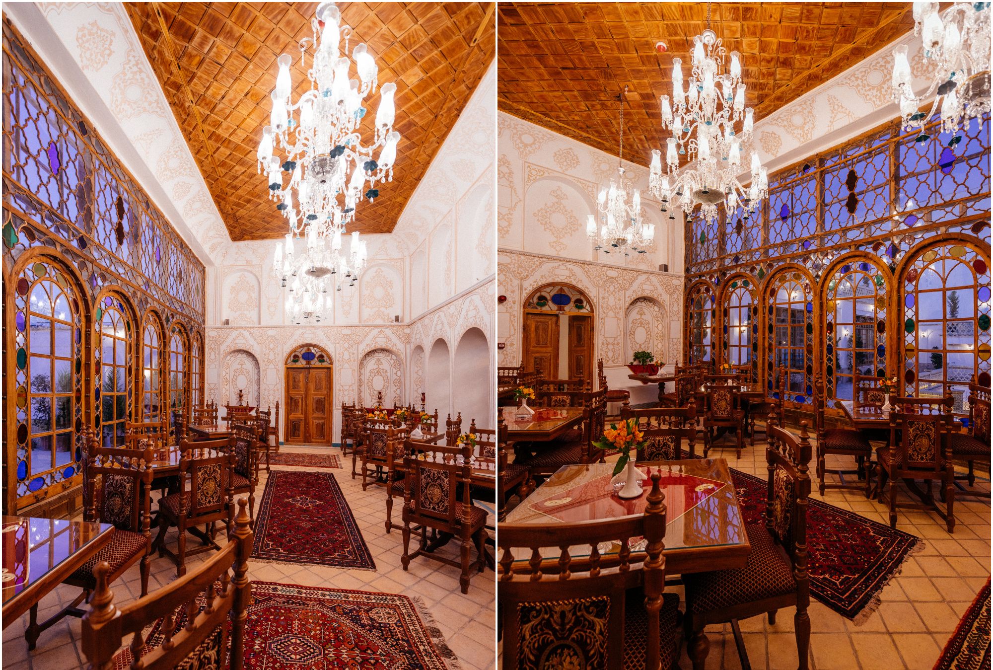 酒店还有一个镶嵌彩色玻璃的漂亮餐厅,也是传统波斯风格,在不同的关照