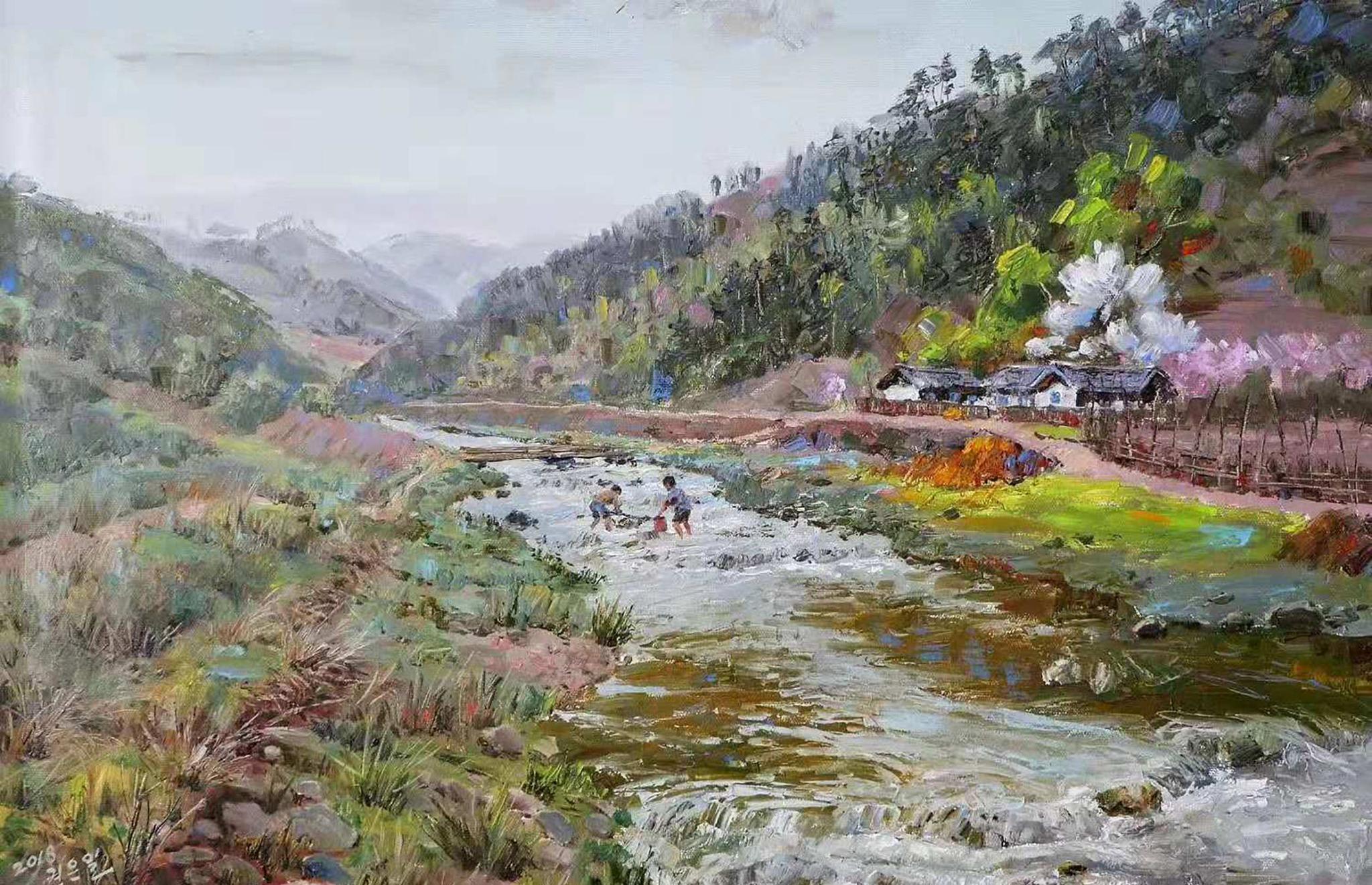 梨花,枫叶和民房的乡村风景油画小品|油画|吴贤哲|李英明_新浪新闻