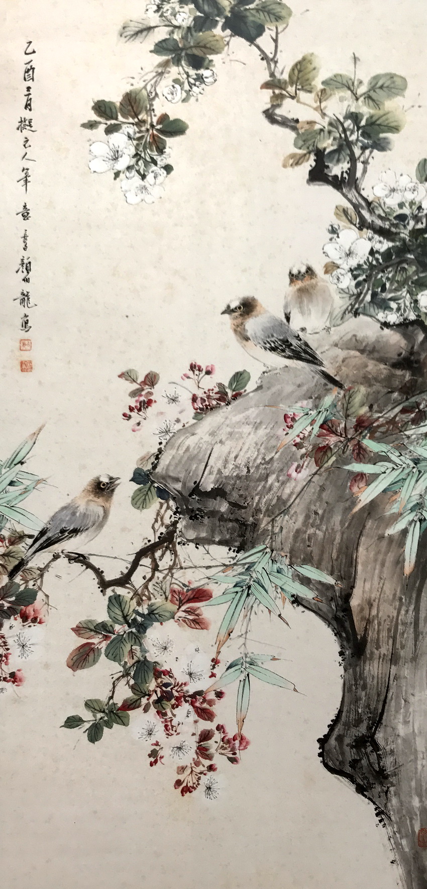 花间栖鸣禽奇石立祥鹤国画花鸟艺术作品
