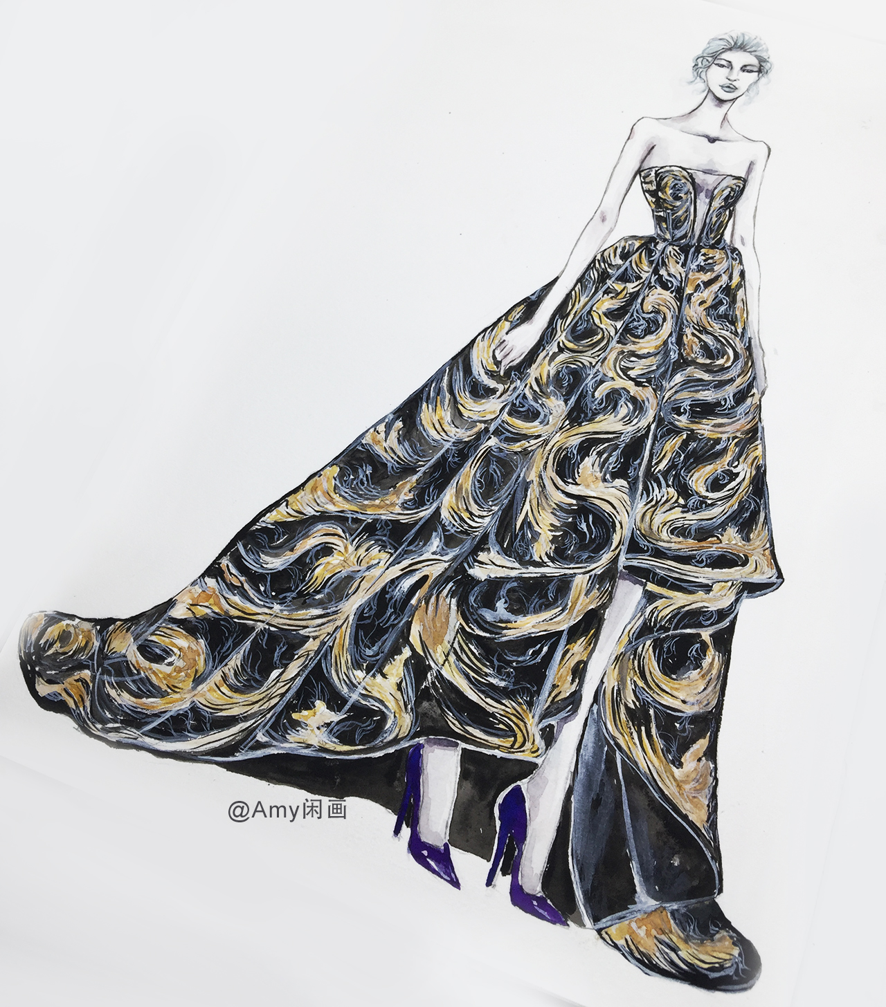 服装设计水彩手绘 57 低胸云纹刺绣不规则拖地长裙