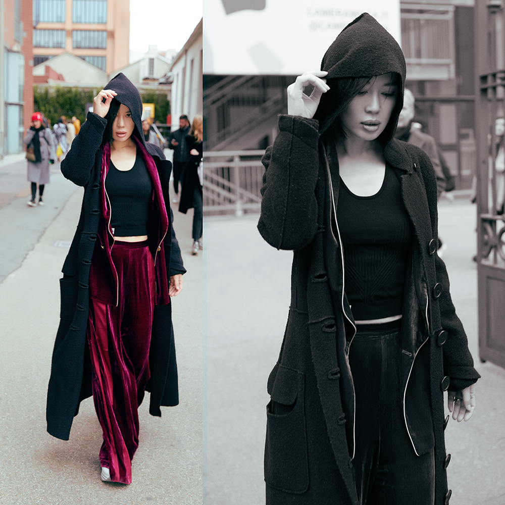 余男深色绒面套装现身米兰时装周 简约低调不失高级