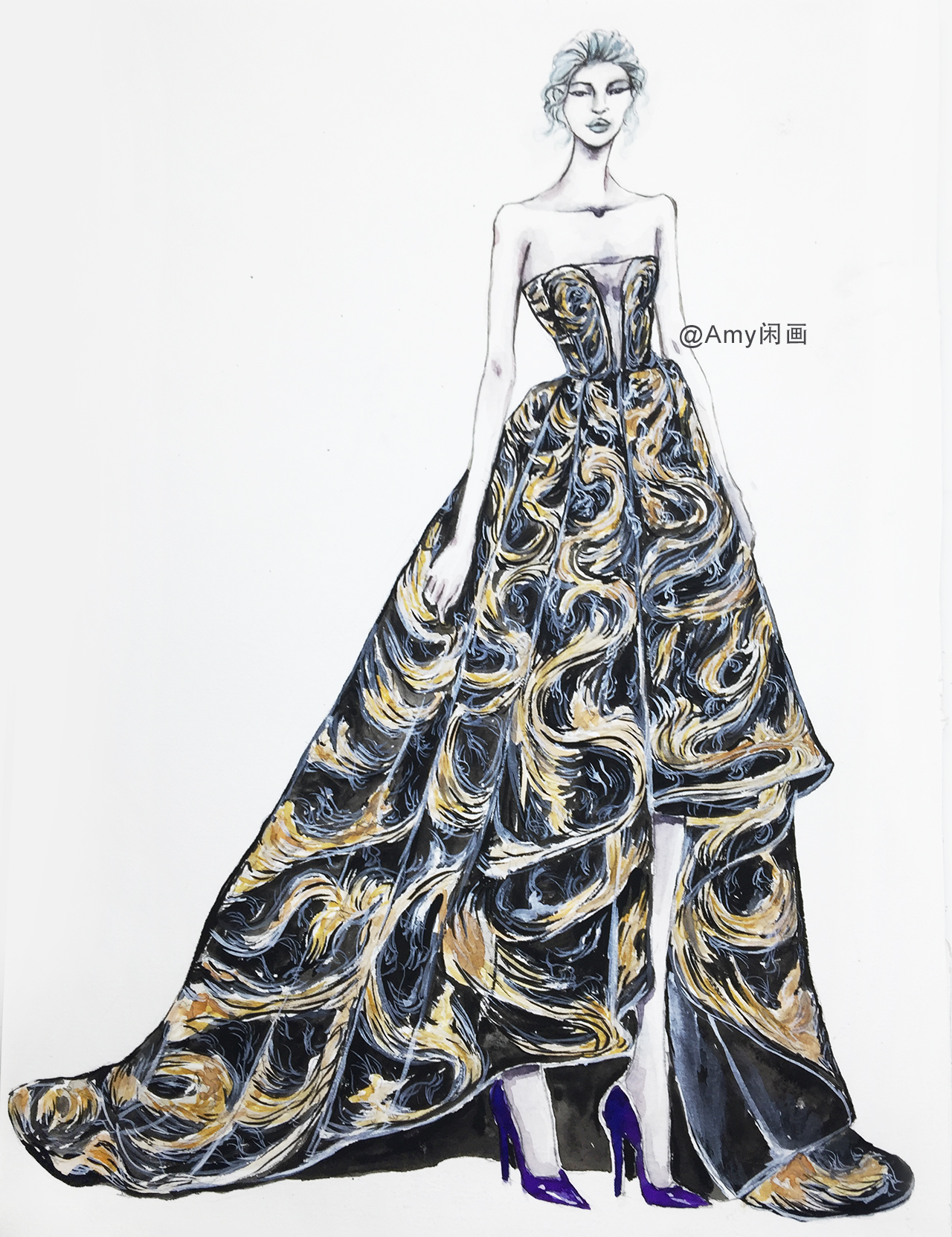 服装设计水彩手绘 57 低胸云纹刺绣不规则拖地长裙