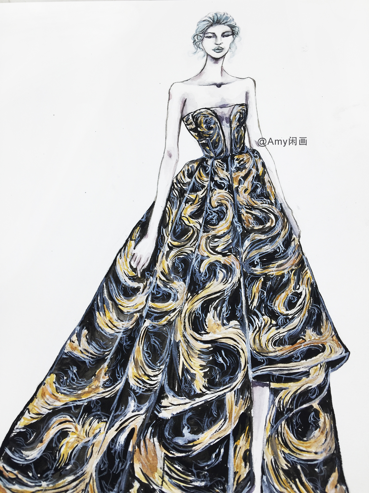 服装设计水彩手绘 57 低胸云纹刺绣不规则拖地长裙