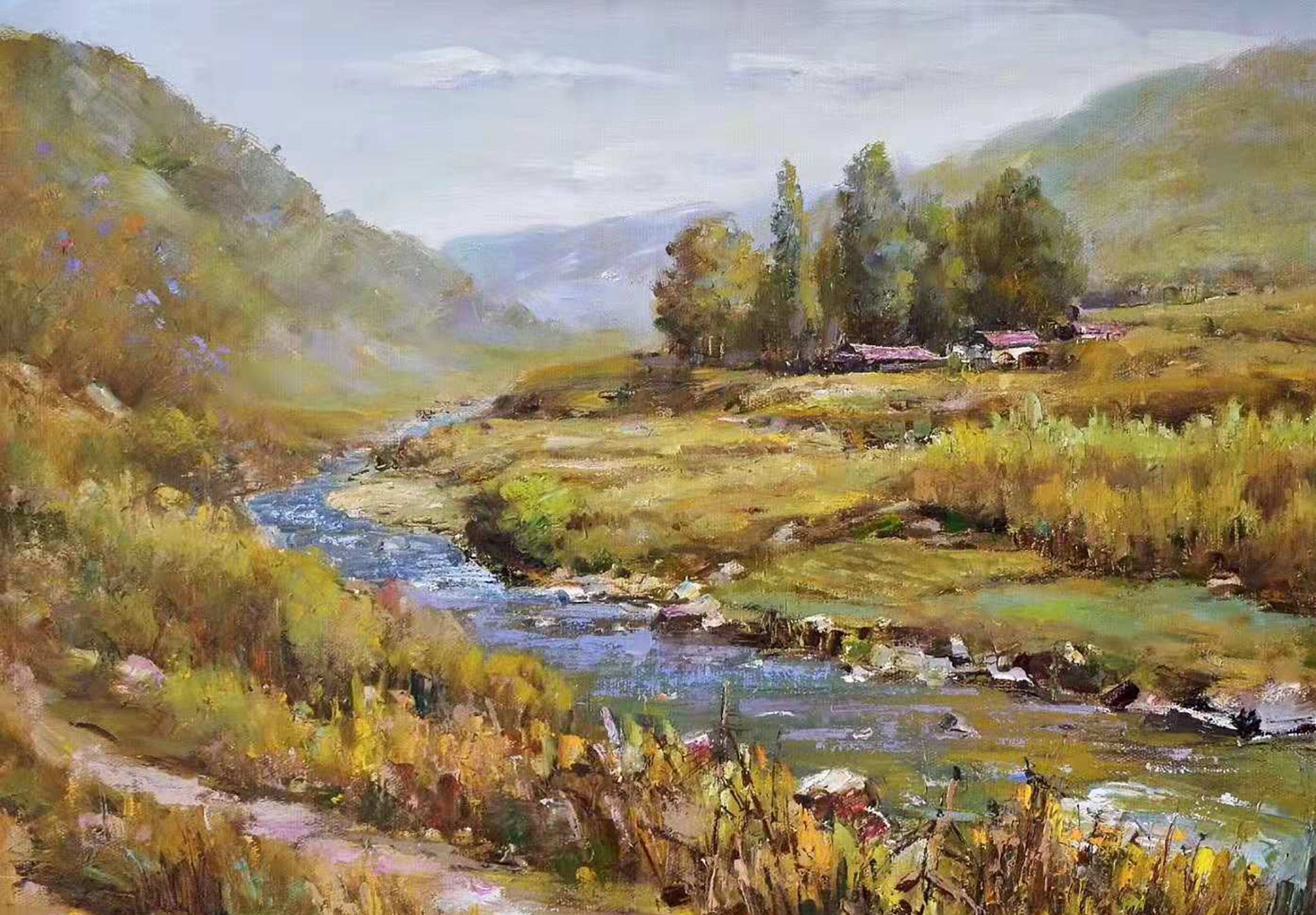 油画风景:一组描绘小溪,梨花,枫叶和民房的乡村风景油画小品