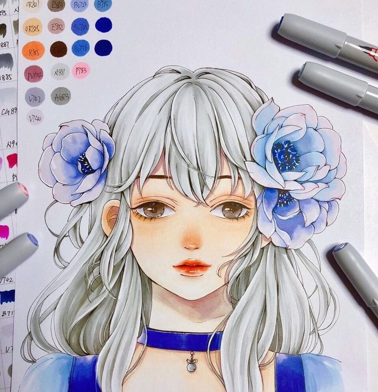 马克笔手绘,清新甜美的女孩,五官画的很精致