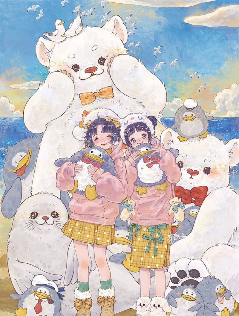 甜美可爱少女风插画,画面唯美,色彩丰富