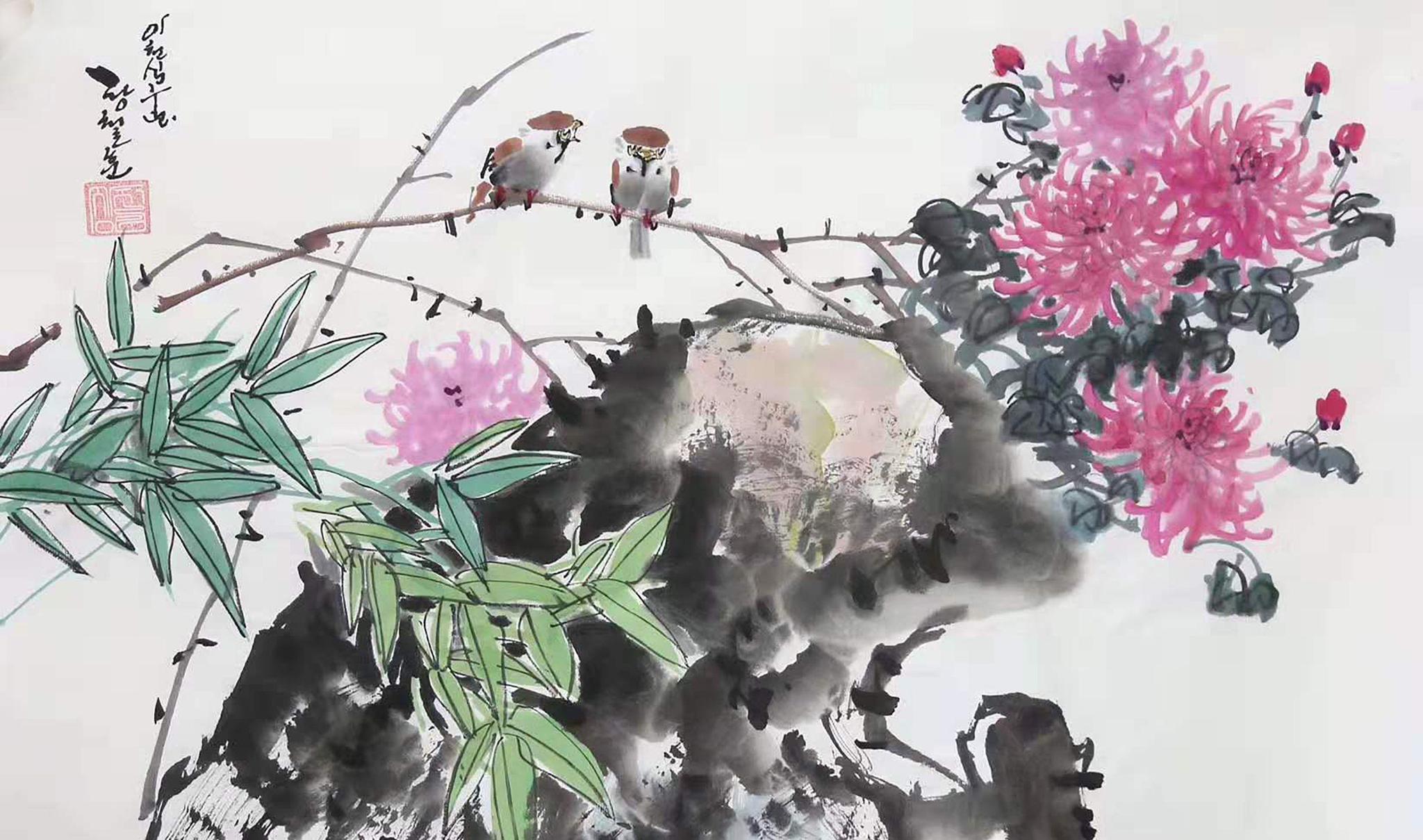 写意花鸟画 麻雀 菊花和水仙花