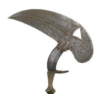 中国新月剑,非常罕见的双高老虎头钩剑:匕首形制的大马士革钢叉:鲨鱼