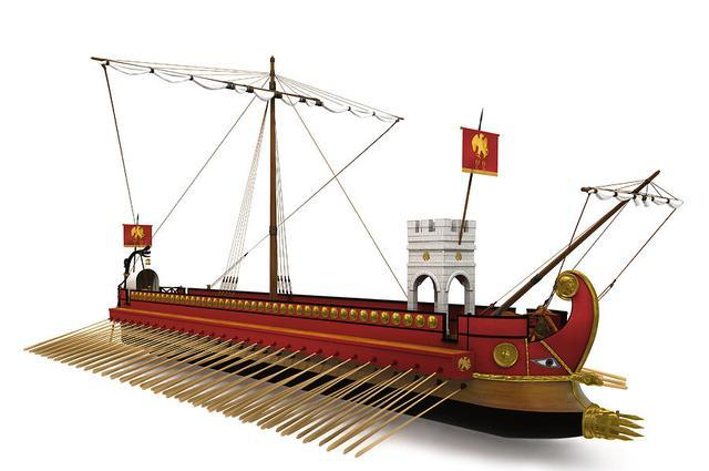 在升起的通道的前端,有牢固的尖刺,当罗马战船与敌人的战船平行式