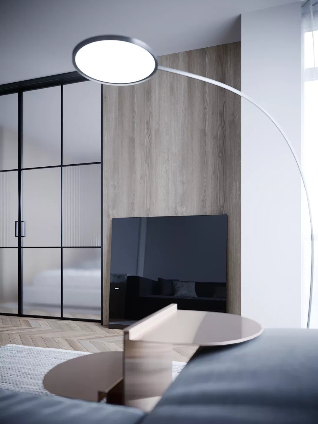 装修公司案例｜60㎡轻奢公寓设计，镜面屏风让客厅更显大！