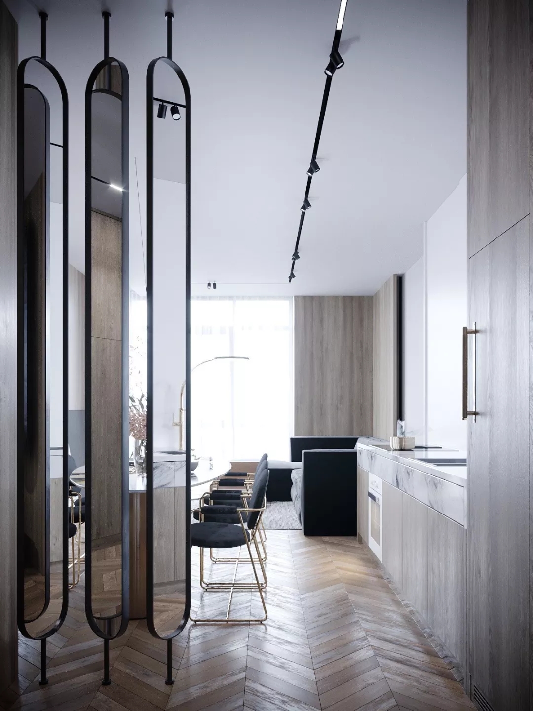 装修公司案例｜60㎡轻奢公寓设计，镜面屏风让客厅更显大！