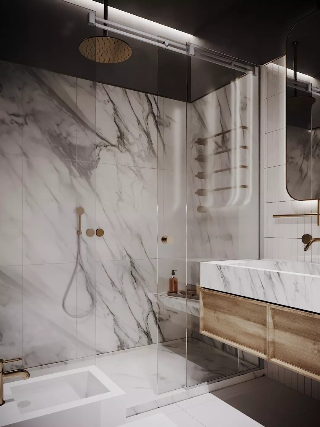 装修公司案例｜60㎡轻奢公寓设计，镜面屏风让客厅更显大！