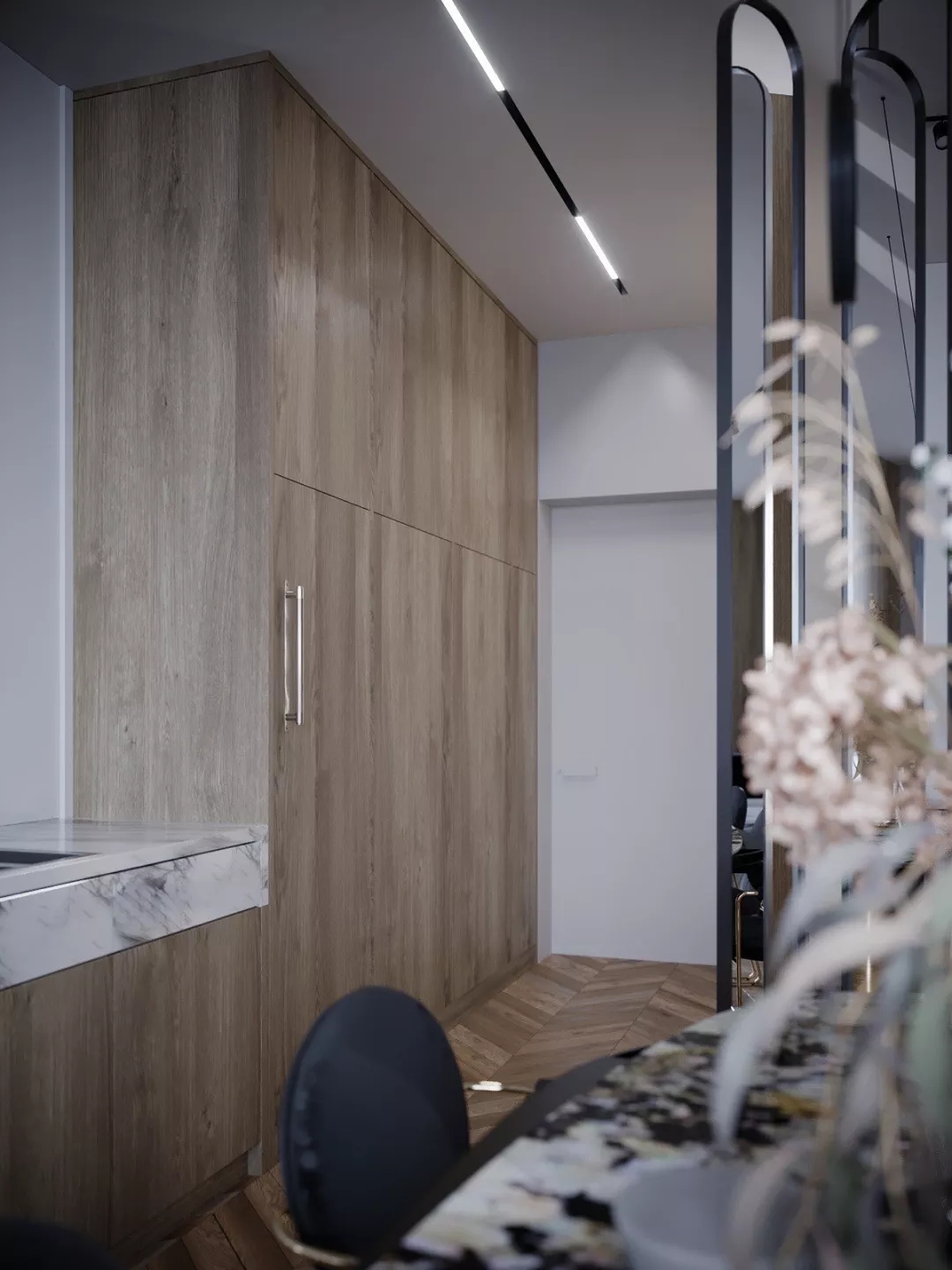 装修公司案例｜60㎡轻奢公寓设计，镜面屏风让客厅更显大！