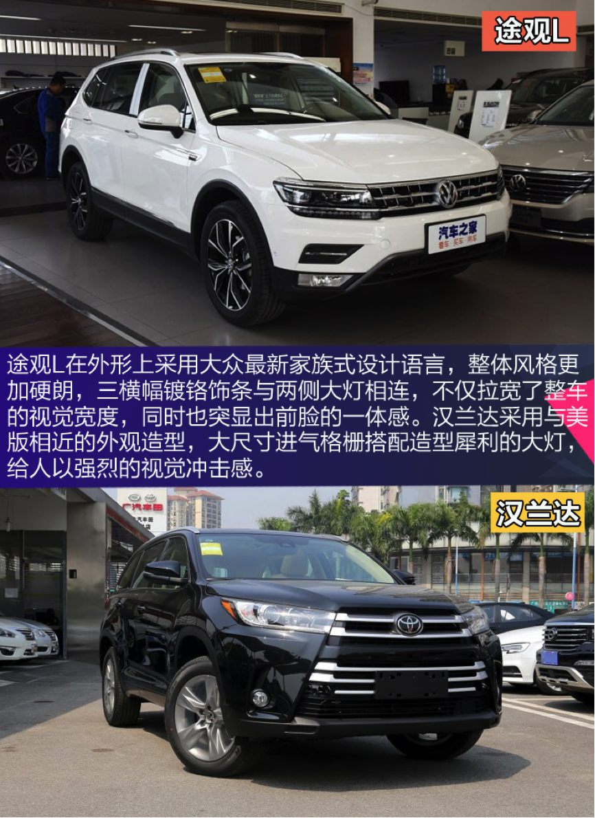 外观对比:途观l大气硬朗 汉兰达霸气犀利