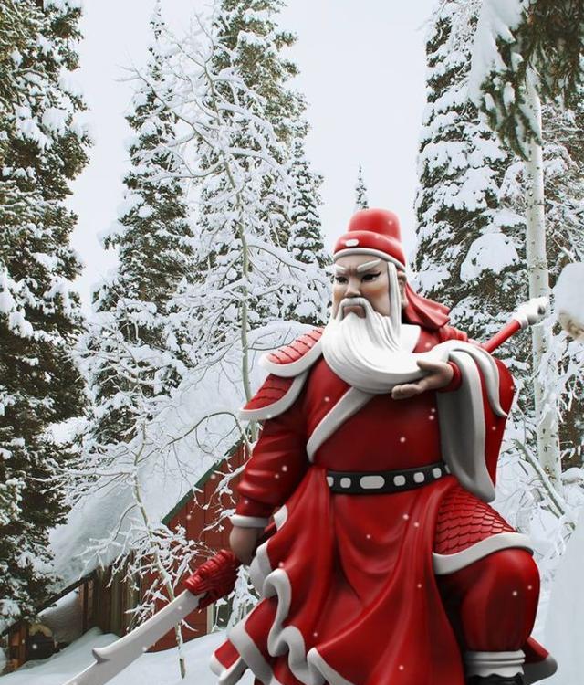 关二爷化身圣诞老人,身披红白战袍,中西文化合璧