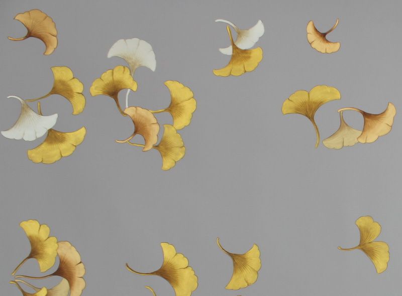 金色银杏叶手绘壁纸用于背景墙的手工绘画