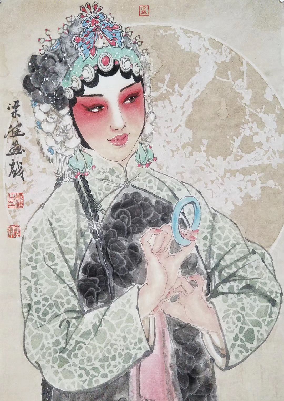 梁健人物画青衣扮相的女子古典雅致,粉面含春眉眼顾盼生情