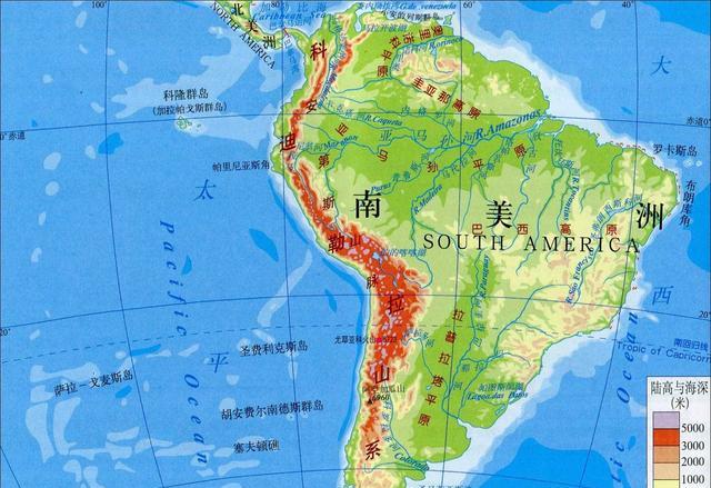 南美洲地形图其次,南美洲的热带沙漠气候不仅仅分布在南回归线至30°s